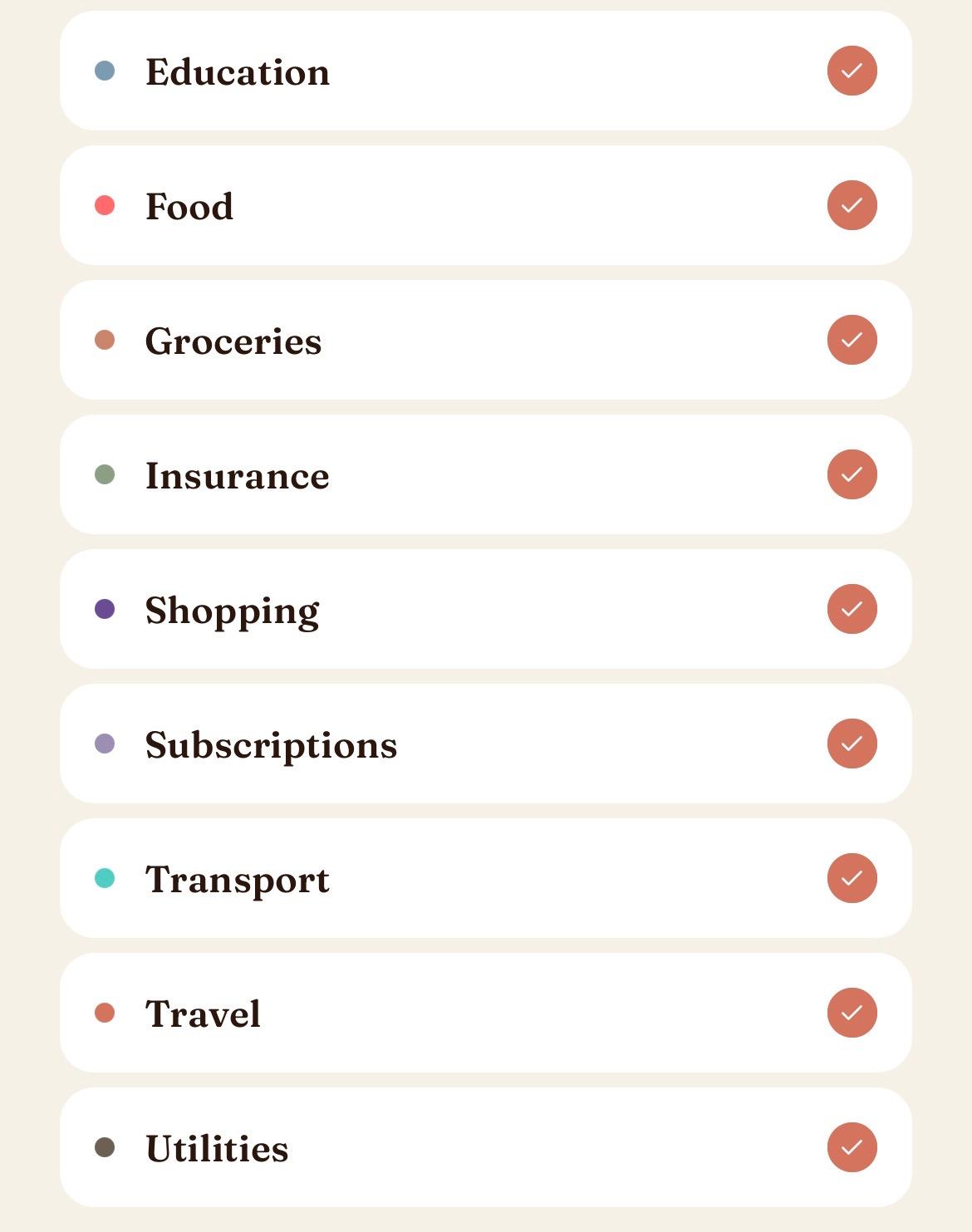 Expense categories like food, groceries, and transport