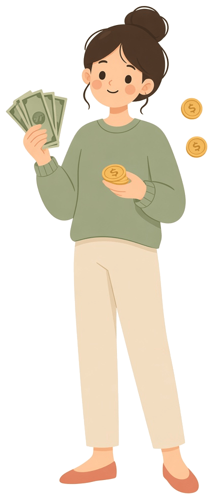 Woman holding cash and coins